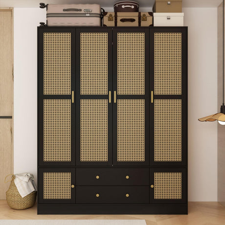 MOUMON 4 Door Rattan Wardrobe Armoire Closet with Hanging Rod and Drawers, Clothes Wardrobe with Rattan Doors, Rustic Wardrobe with Shelves for Bedroom, Black and Natural, 19.6”D x 63”W x 78.7”H MOUMON