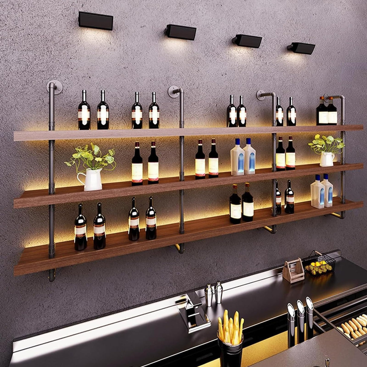 Dawselod 70.8in Large Wine Rack with LED Light Solid Wood Wall Mounted Wine Rack, 3-Tiers Liquor Bottles Floating Shelves Display Storage Organizer for Home Bar & Dining Room (180cm/70.8in) Dawselod