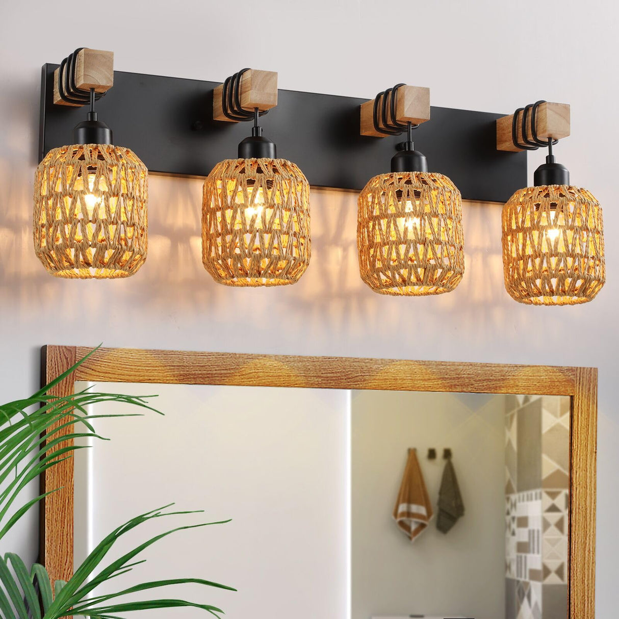 4 Light Bathroom Vanity Light Fixtures,Rustic Style Wood Bathroom Wall Sconce, with Boho Wicker Lampshade，Suitable for Bedroom, Hallway, and Living Room,Rattan Black Farmhouse Wall Sconce LmnLvn