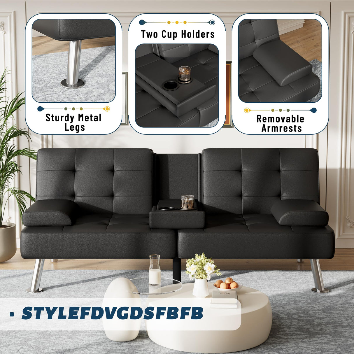 Furmax Futon Sofa Bed Adjustable Futon Couch Sleeper Sofa Bed for Living Room, Business Office, Recliner Sofa with Cup Holders (PU Leather, Black) Furmax