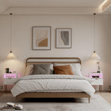 Modern Nightstand with Charging Station and LED Lights, White Bedside Table with Drawer, Fluted Side Table for Living Room, Bedroom JOONEE