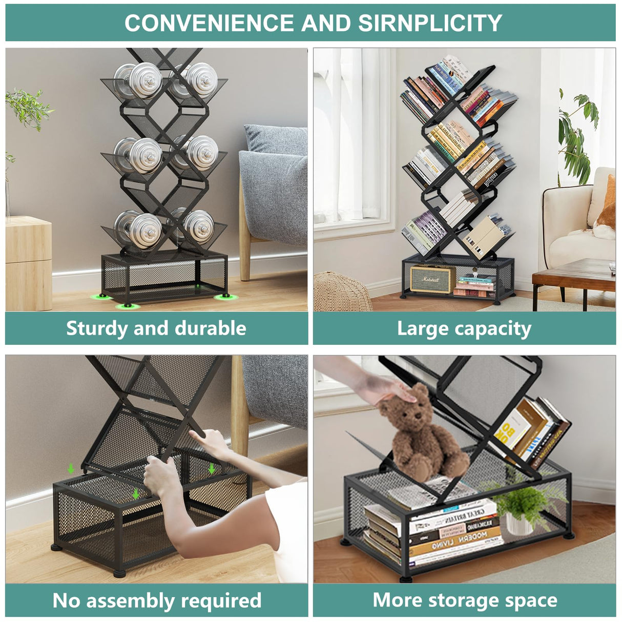HI NINGER Folding Bookshelf,9 Tier Tree Bookshelf with Storage Cabinet,Stylish Design Metal Bookshelf for Display of CDs,Books in Living Room,Home Office,Tall Floor Standing Book Organizer for Bedroom HI NINGER