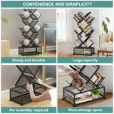 HI NINGER Folding Bookshelf,9 Tier Tree Bookshelf with Storage Cabinet,Stylish Design Metal Bookshelf for Display of CDs,Books in Living Room,Home Office,Tall Floor Standing Book Organizer for Bedroom HI NINGER
