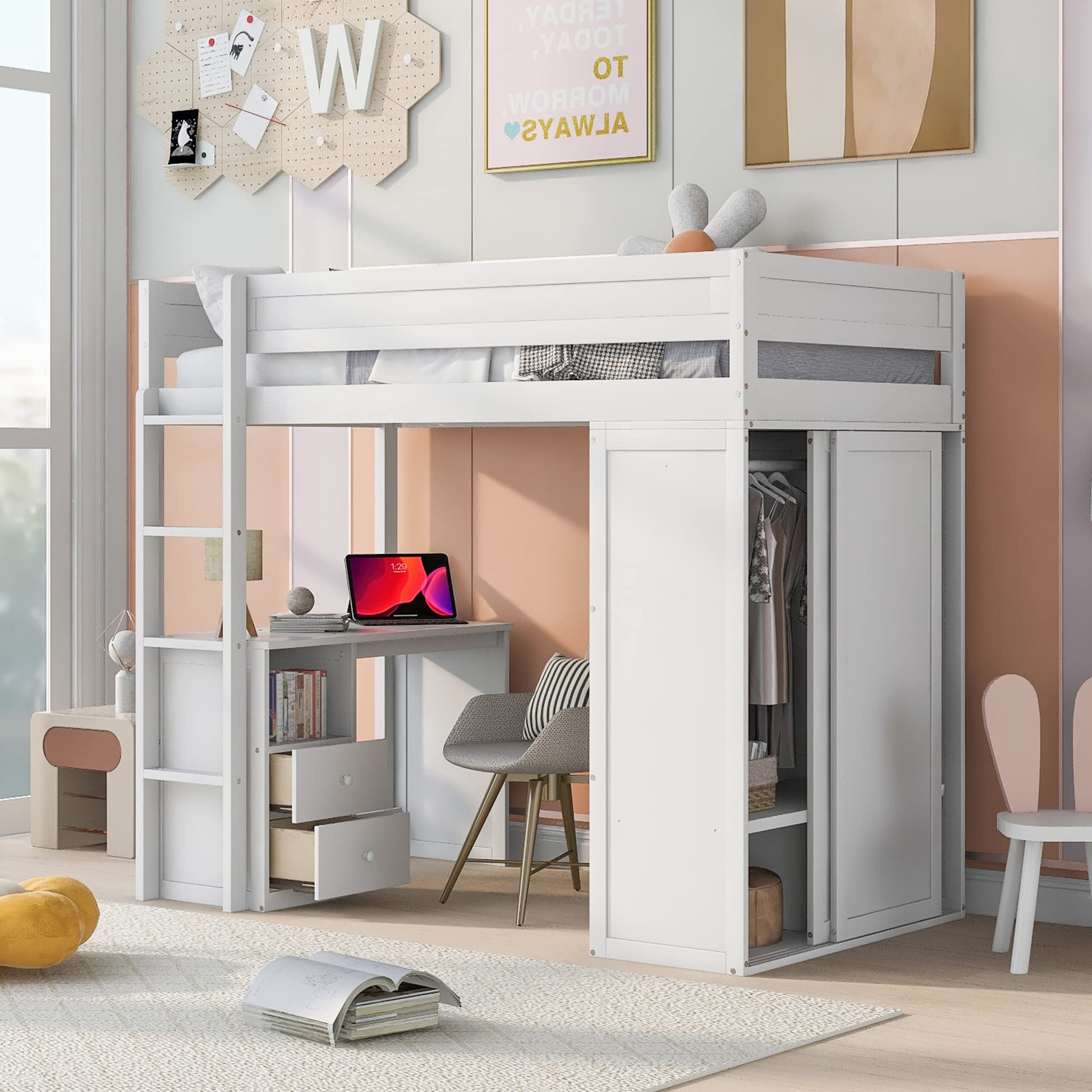 Stylish Twin Size Loft Bed with Desk & Wardrobe by Harper & Bright Designs in White - WoodArtSupply