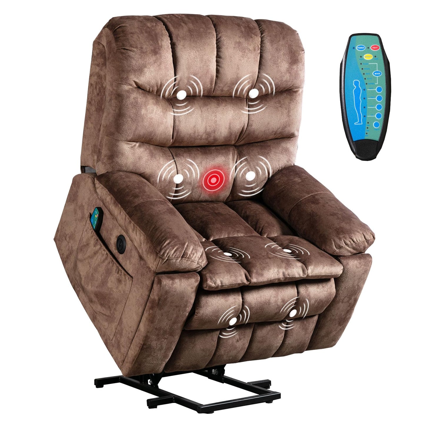 Phoenix Home Large Power Lift Recliner with Massage and Heat for Elderly, Heavy Duty & Safety Motion Reclining Mechanism, Electric Wider Chair with USB Port, 2 Hidden Cup Holders, Caramel Brown