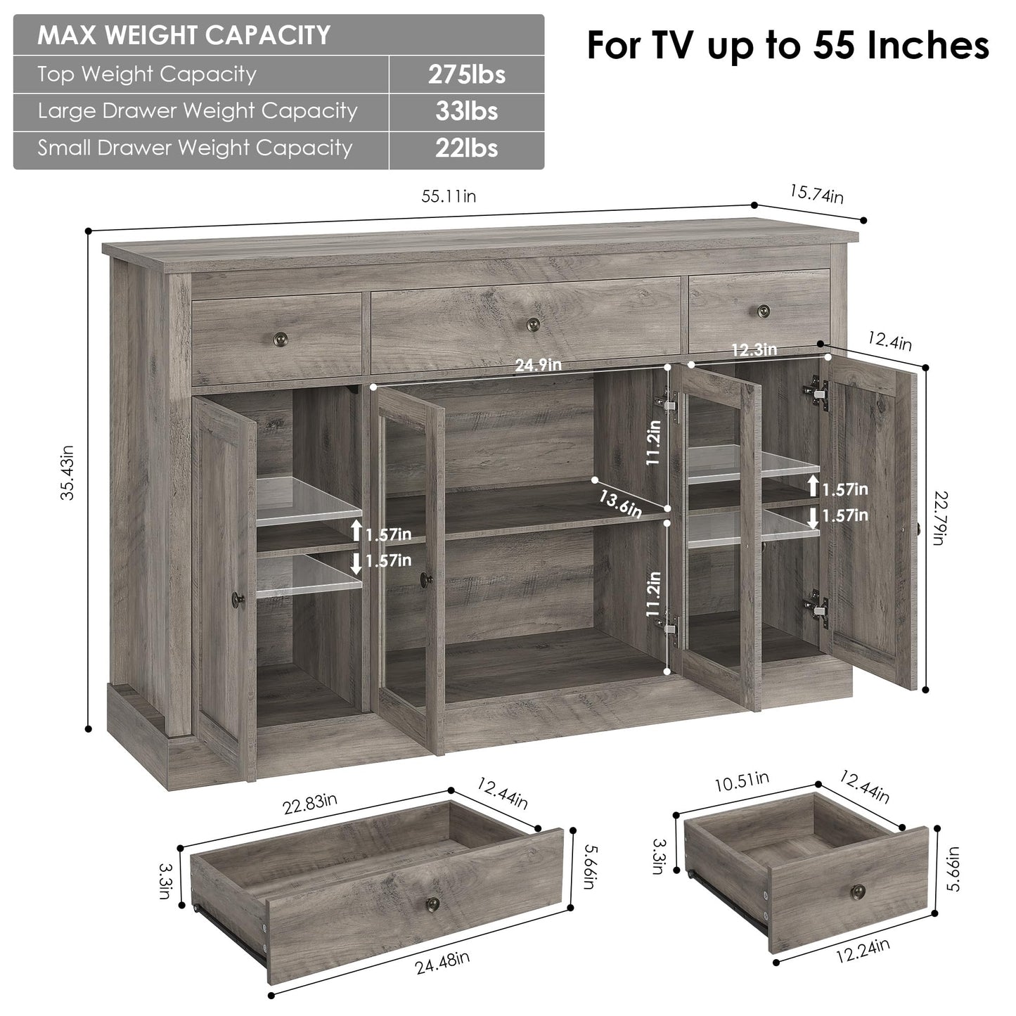 HOSTACK Sideboard Buffet Cabinet with Storage, 55" Large Kitchen Buffet Storage Cabinet with Drawers | Glass Doors, Modern Farmhouse Coffee Bar Cabinet, Wood Buffet Table Dining Room Cabinet, - WoodArtSupply