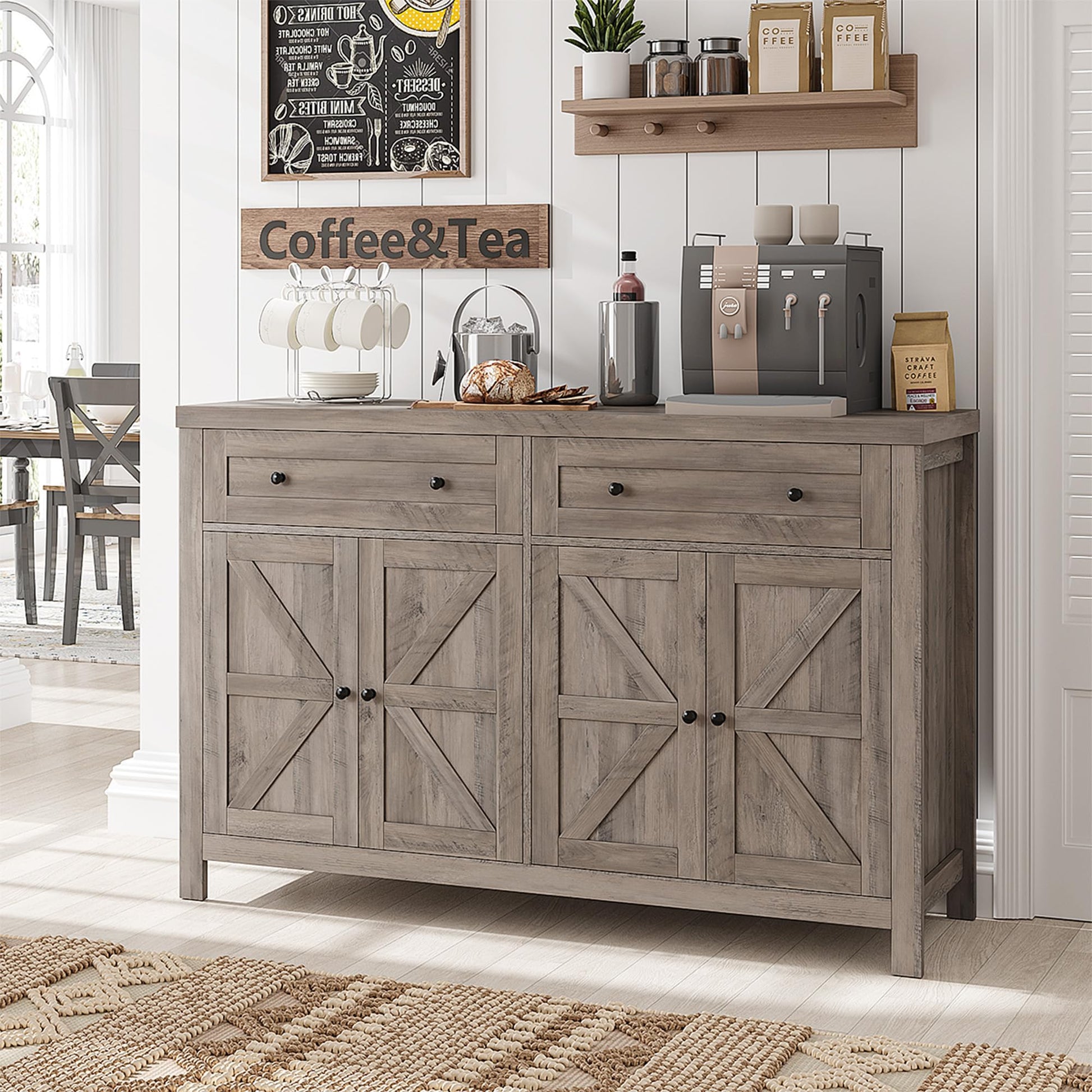 HOSTACK 55" Buffet Sideboard Cabinet with Storage, Modern Farmhouse Coffee Bar Cabinet with Drawers and Shelves, Barn Door Storage Cabinet for Kitchen, Living Room, Ash Grey - WoodArtSupply