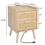 Finnhomy Nightstand with Charging Station, Bedside Table with 2 Hand Made Rattan Decorated Drawers, Night Stand with Storage for Bedroom, Natural Finnhomy