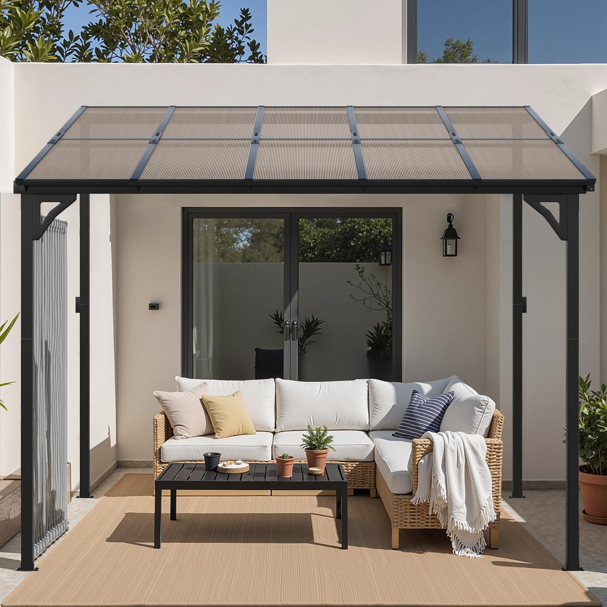 Devoko 10’x 10’ Gazebo for Patio, Lean to Gazebo Pergola on Clearance, Hardtop Wall-Mounted Gazebo with Awnings for Patio, Decks, Porch, Backyard Devoko