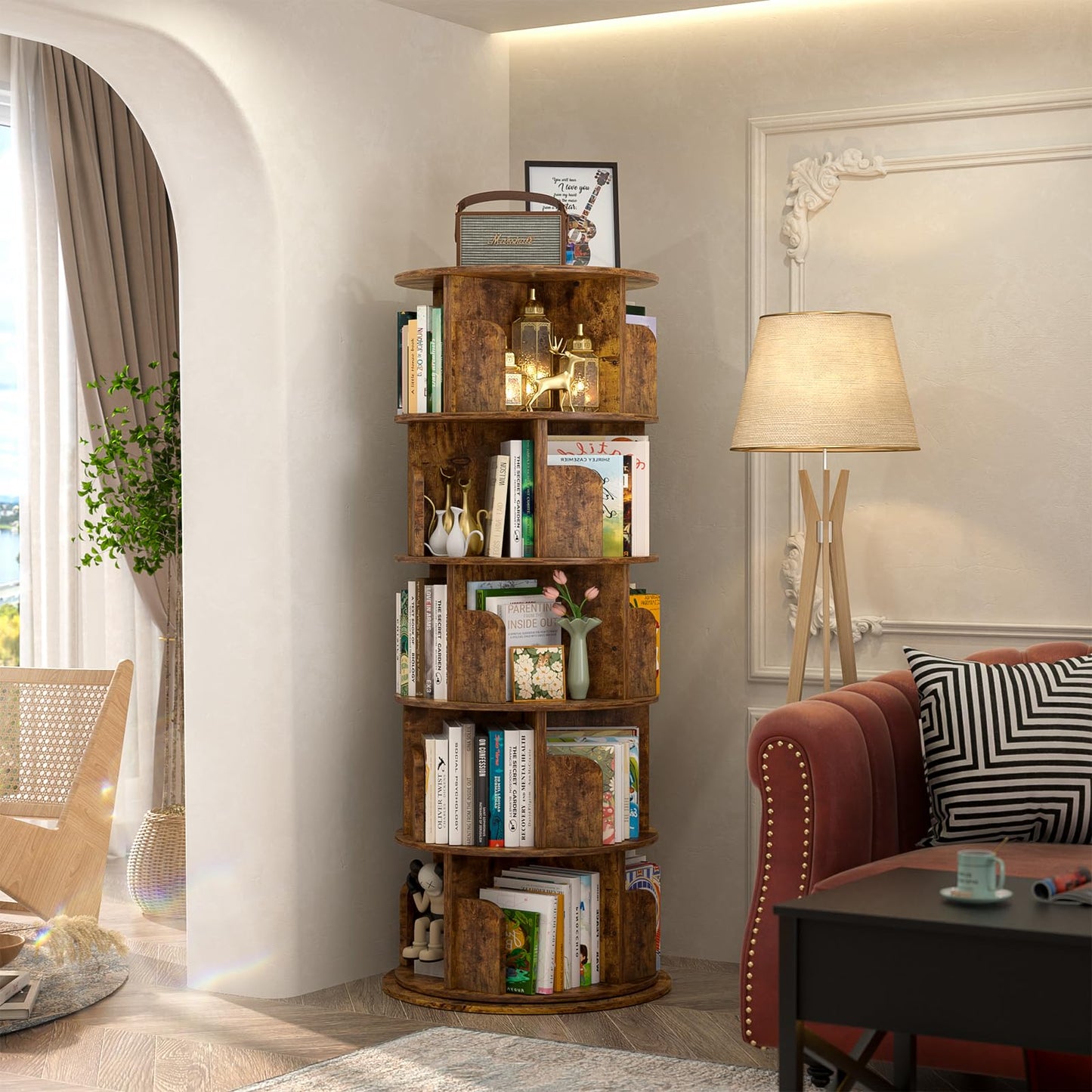 Stylish 360° Rotating 5-Tier Bookshelf in Rustic Brown for Space-Saving Storage - WoodArtSupply