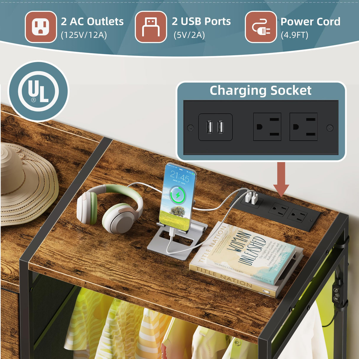 HIGDBFE Dresser with Hanging Rack, 8-Drawer Dresser for Bedroom with Charging Station & LED Lights, Kids Dressers with Shoe Rack, Rustic Brown, 11.8" D x 42" W x 42.7" H (8 Drawers) HIGDBFE