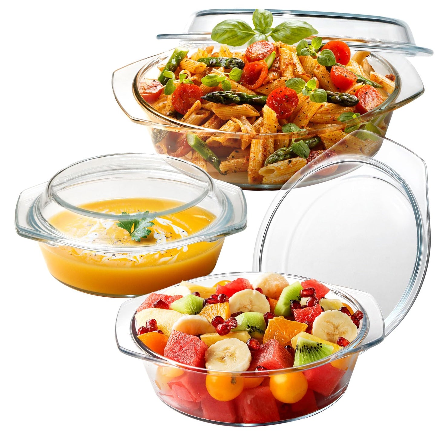 ZYER Round Glass Casserole Dish Set, Glass Casseroles Cookware with Glass Lid, Glass Casserole Dish With Lid(Set of 3-1L+1.4L+1.7L)