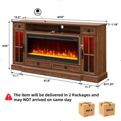 OKD Fireplace TV Stand for 80 Inch TV, Farmhouse Entertainment Center with 42" Fireplace & LED Lights, Modern Media Console Table with Storage Drawers & Cabinets for Living Room, Reclaimed Ba - WoodArtSupply