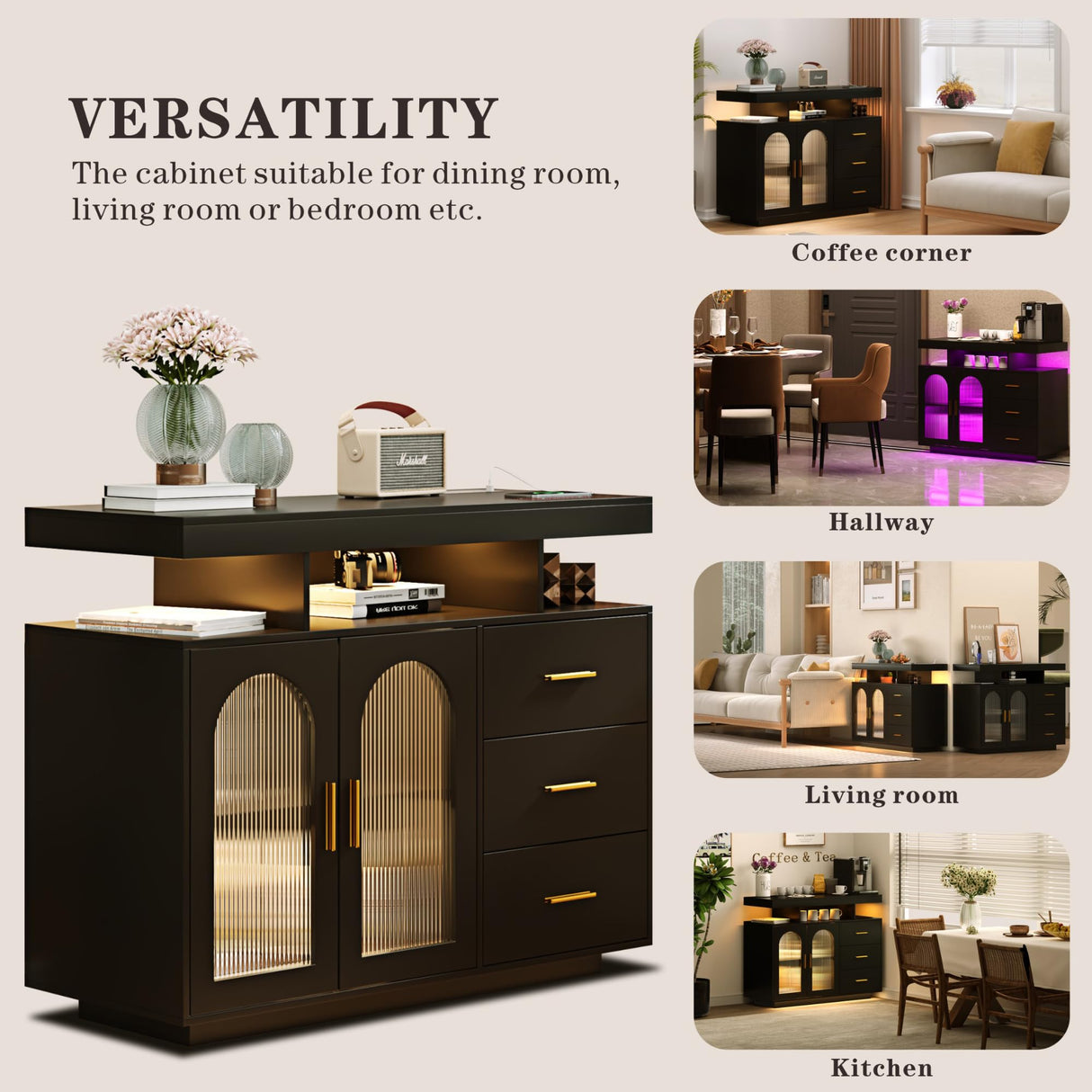 HWB Black RGB LED Coffee Bar Cabinet with Large Storage & Charging Station for Kitchen and Dining Room HWB