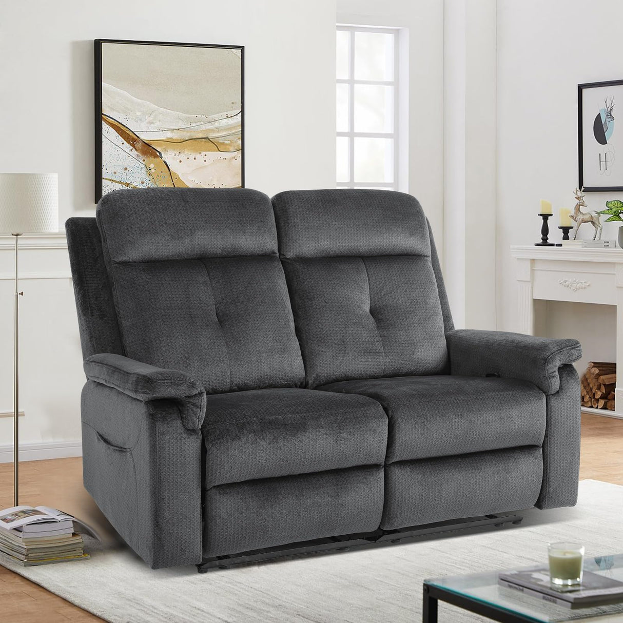 PALLOME Loveseat Recliner, Velvet Reclining Sofa, 54'' Double Recliner Loveseat with Heat and Massage, RV Theater Seating, Manual Recliner Chair for Living Room (Velvet, Grey) PALLOME