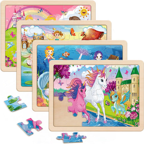 Wooden Puzzles for Kids Ages 4-6, 4 Packs 24 PCs Unicorn Mermaid Princess Fairy Jigsaw Puzzles, Preschool Educational Brain Teaser Toys for Girls 3 4 5 6 Years Old. VOMYOZB