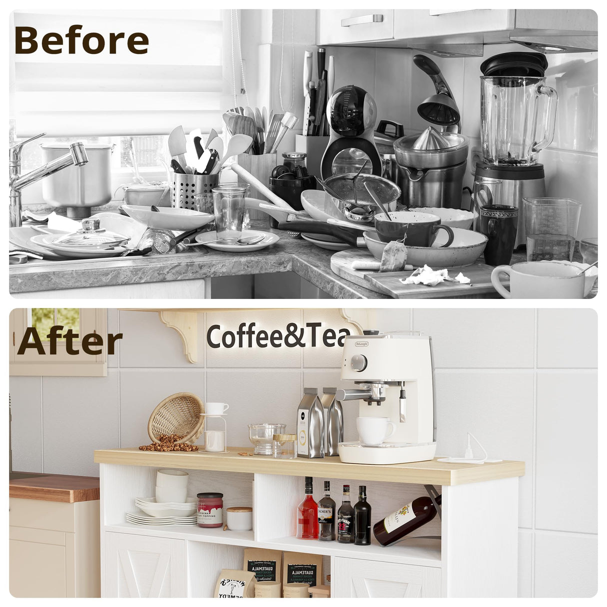 IRONCK Coffee Bar Cabinet with Power Strip, 47" Storage Cabinet with Barn Doors and Thickened Top Board, White Sideboard, Buffet for Dinning Room, Kitchen, Living Room IRONCK