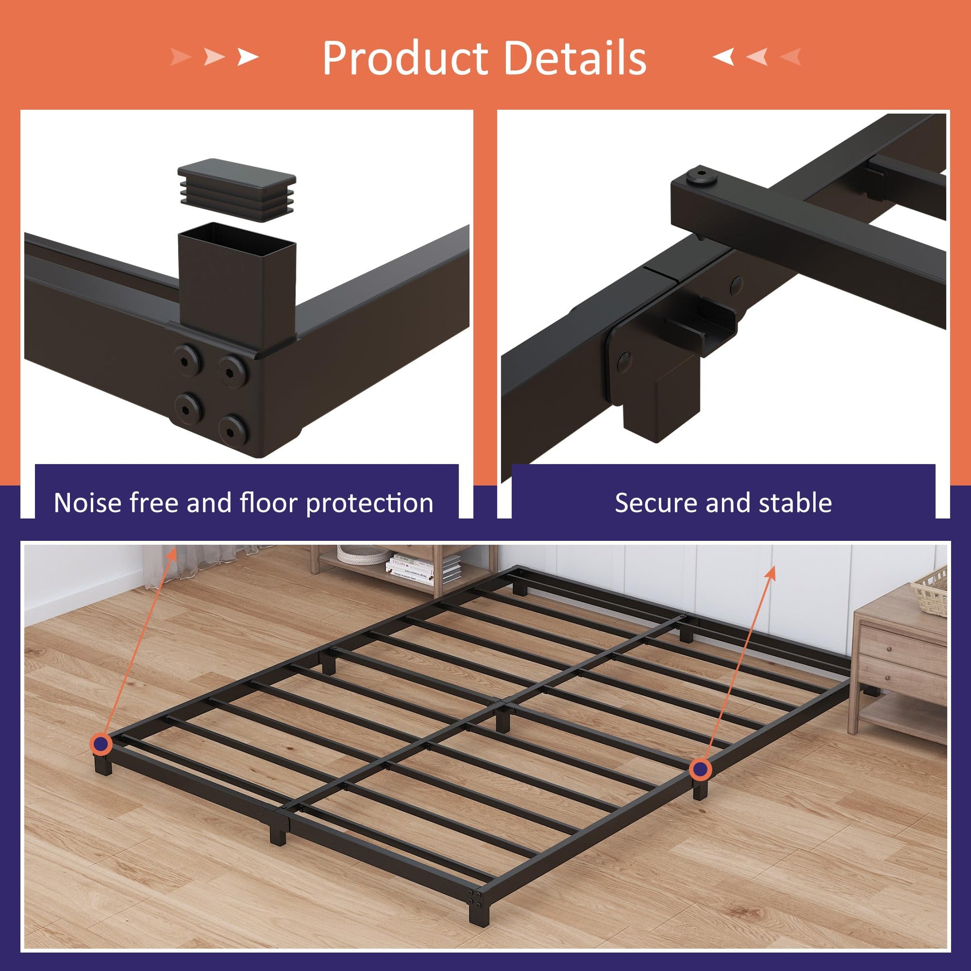 Nailsong 4 Inch Low Profile Queen Bed Frame - Heavy Duty Metal, No Box Spring Needed, Easy Assembly, Black - WoodArtSupply