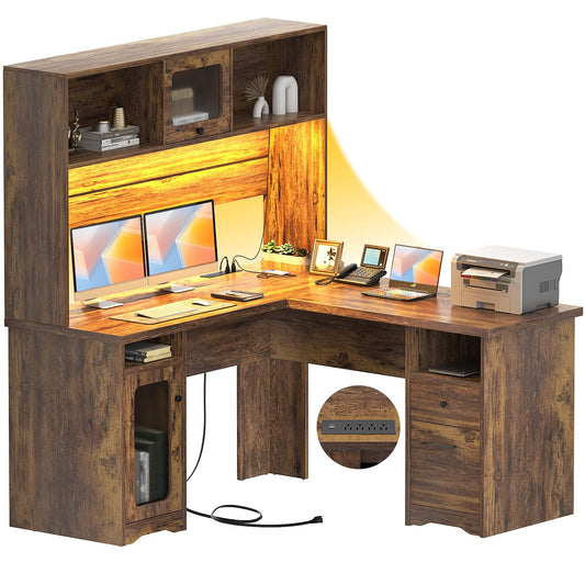 Unikito L Shaped Desk with Drawers, 60 Inch Office Desk with Power Outlet and LED Lights, Sturdy Corner Computer Desk with Hutch and File Cabinets, 2 Person Home Office Gaming Table, Vintage - WoodArtSupply