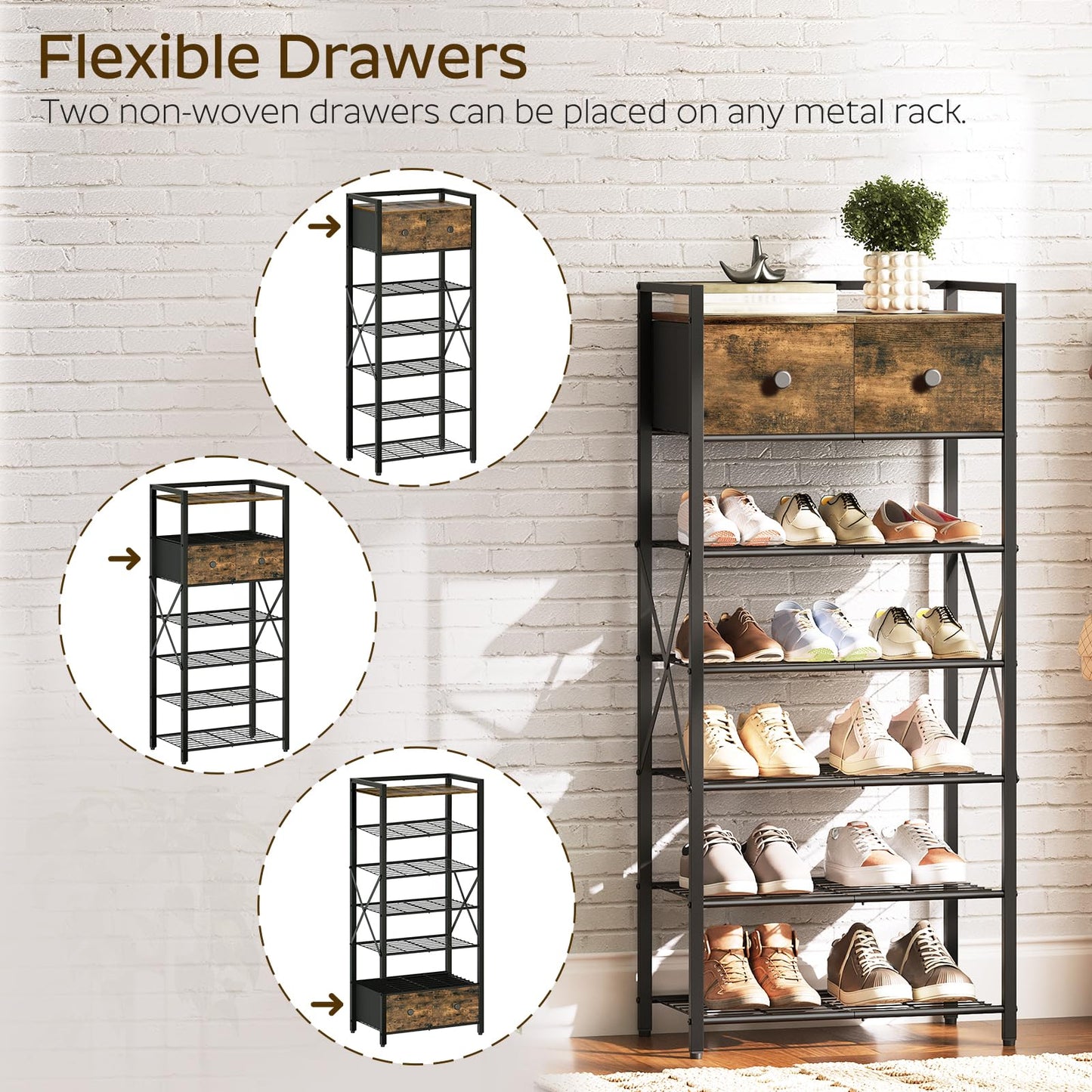 YATINEY Shoe Rack, 7-Tier Shoe Storage Organizer for Entryway, Free Standing Shoe Shelf with 2 Non-Woven Drawers, Metal Frame, for Closet, Hallway, Garage, Rustic Brown and Black SS07BR