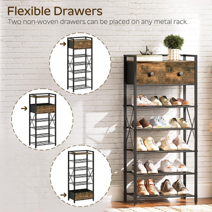 YATINEY Shoe Rack, 7-Tier Shoe Storage Organizer for Entryway, Free Standing Shoe Shelf with 2 Non-Woven Drawers, Metal Frame, for Closet, Hallway, Garage, Rustic Brown and Black SS07BR