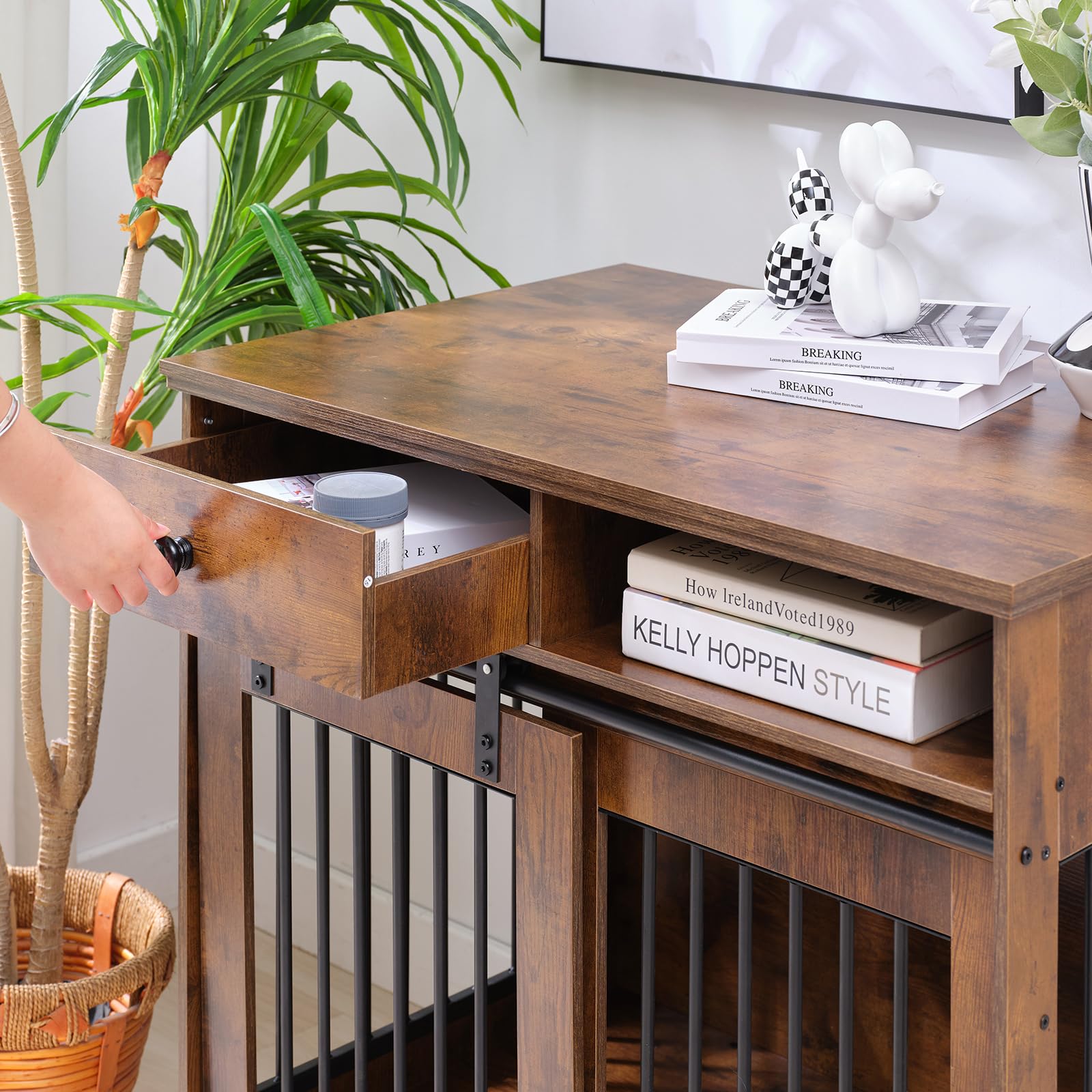 DISHUP 35" Furniture Style Dog Crate, Wooden Dog Crate with Storage Drawers, Indoor Dog Kennel Furniture End Table with Sliding Doors for Small/Medium Dogs,Heavy-Duty, Rustic Brown - WoodArtSupply