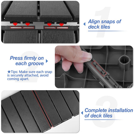MYFAMIREA 9 Pcs Plastic Interlocking Deck Tiles 12" L x 12" W Patio Floor Decking Tiles Indoor Outdoor Waterproof Non-Slip Flooring Tiles All Weather Use for Balcony Backyard Porch Poolside, Dark Grey MYFAMIREA