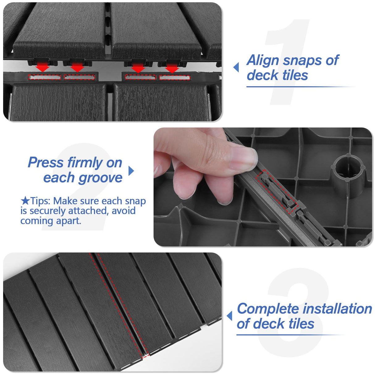 MYFAMIREA 27 Pcs Plastic Interlocking Deck Tiles 12" x 12" Patio Floor Decking Tiles Indoor Outdoor Waterproof Non-Slip Flooring Tiles All Weather Use for Balcony Backyard Porch Poolside, Dark Grey MYFAMIREA