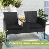 Kromax Wicker 2 Seat Patio Loveseat, Outdoor Rattan Loveseat with Table, Washable Cushion Covers, Backyard, Garden, Lawn, Black Rattan with Black Cushion Kromax