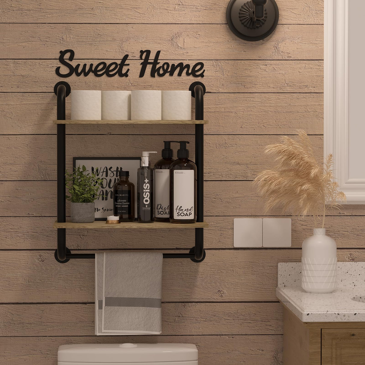 Tinpin Bathroom Shelves Wall Mounted, Farmhouse Bathroom Decor, 2-Tier Rustic Industrial Pipe Shelving, Floating Shelves for Bathroom Kitchen Bedroom Living Room, 17.3 inch Tinpin