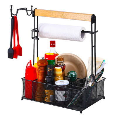 VIKEYHOME Grill Caddy, Picnic BBQ Organizer for Camping Outdoor Mesh Basket with 3 Hanging Hooks and Paper Towel Holder, Ideal Table Storage Tools for RV Camper/Tailgating/Flatware