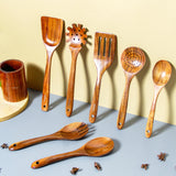 Renexas 9 Pcs Wooden Spoons for Cooking Utensils, Natural Teak Wooden Cooking Spoons with Nonstick Spatula Set, Bamboo Kitchen Utensils With Holder, Wood Spoon Set for Kitchen Essentials Renexas