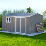 KMBOHE 12x10 FT Outdoor Metal Storage Shed, Large Garden Tool Sheds with Lockable Doors, Waterproof Steel Utility Storage Building, Heavy Duty Equipment Shed for Backyard Patio Lawn Garden, Grey KMBOHE