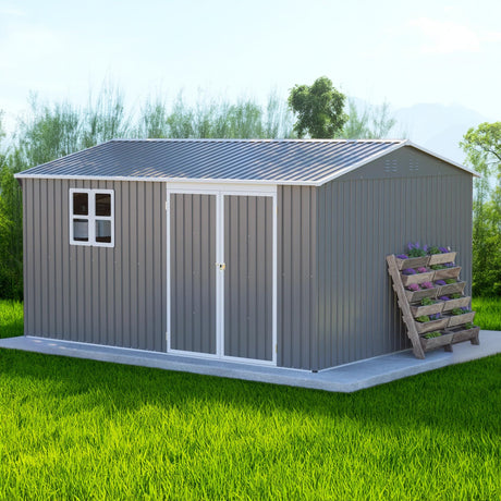 KMBOHE 12x10 FT Outdoor Metal Storage Shed, Large Garden Tool Sheds with Lockable Doors, Waterproof Steel Utility Storage Building, Heavy Duty Equipment Shed for Backyard Patio Lawn Garden, Grey KMBOHE