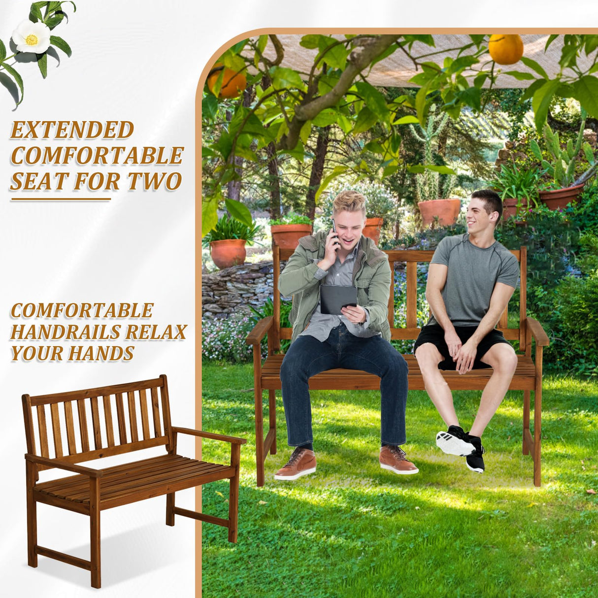 Yewuli 2-Person Outdoor Acacia Wood Bench with Backrest and Armrests Yewuli