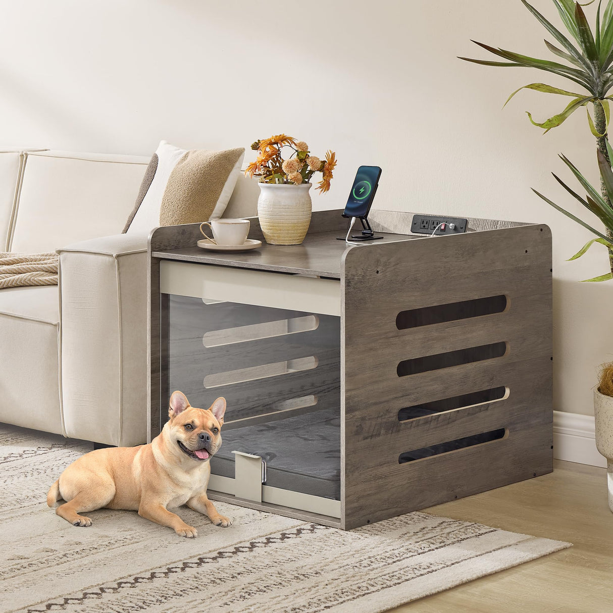Feandrea Modern Dog Crate Furniture with Charging Station, Kennel Indoor with Flip-up Hidden Acrylic Door, for Small and Medium Dogs up to 45 lb, Side End Table, Heather Greige UPOC021G01 Feandrea