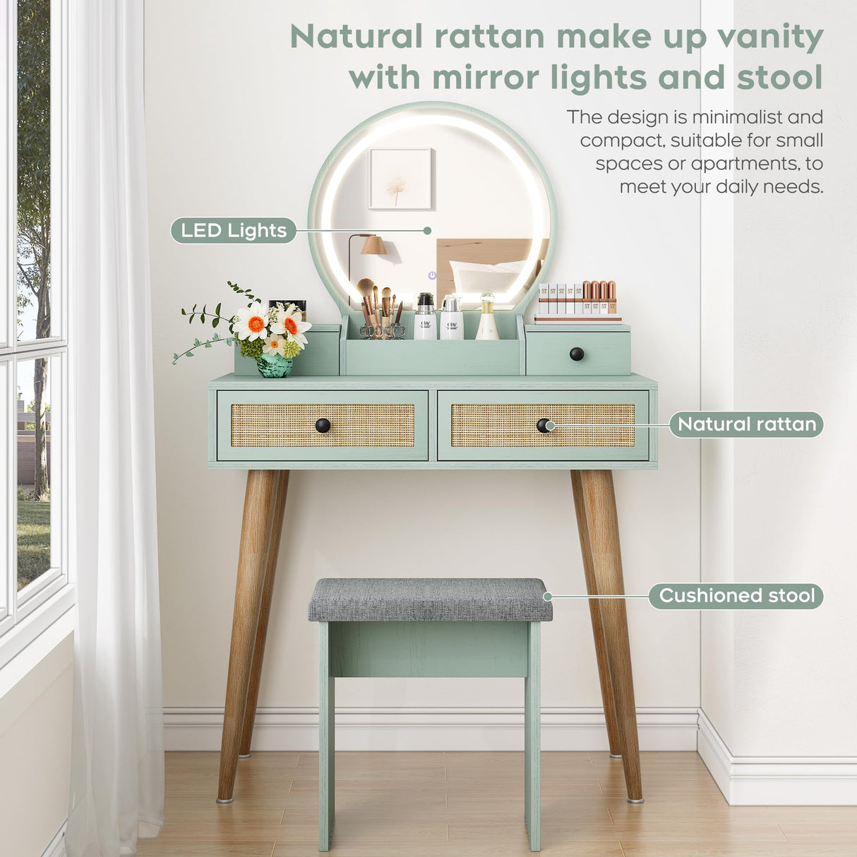 Brafab 31" Boho Natural Rattan Vanity Desk Set with 3 Modes Adjustable Lighted Mirror and Cushioned Stool, Modern Compact Design Makeup Table for Bedroom, Cute Dressing Table for Small Space, Mint Brafab