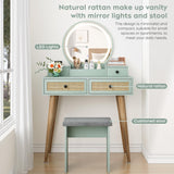 Brafab 31" Boho Natural Rattan Vanity Desk Set with 3 Modes Adjustable Lighted Mirror and Cushioned Stool, Modern Compact Design Makeup Table for Bedroom, Cute Dressing Table for Small Space, Mint Brafab