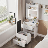 Vabches Make Up Vanity Desk with Mirror and Lights, White Vanity Table Set with Charger Station,Girls Small Vanity and Storage Chair Vabches