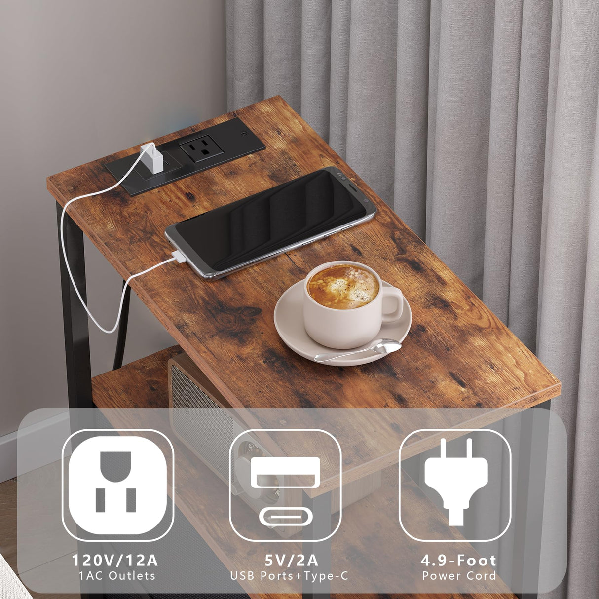 TUTOTAK Small Narrow End Table with Charging Station, Set of 2, Side Table with Outlets, Nightstand with 2 Cloth Drawers, Couch Table, for Living Room, Bedroom, Bedside, Brown TB01BB055 TUTOTAK