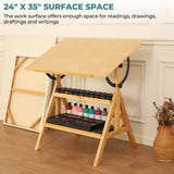 VISWIN Wood Drafting Table for Adults, Drawing Table with Adjustable Angle & 2-Tier Storage Racks for Art Studio, Solid Pine Wood Artist Desk for Drawing, Drafting, Writing, Reading, Sketching VISWIN