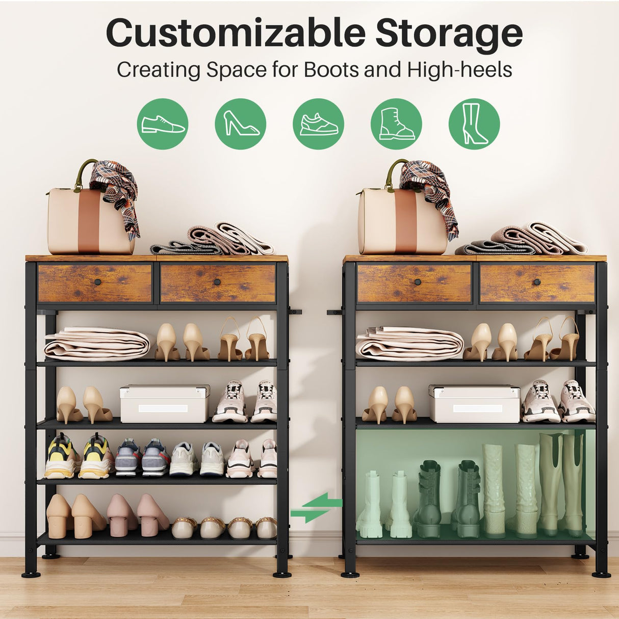 Kitstorack Shoe Rack, 4 Tier Shoe Organizer for 9-12 Pairs of Shoes, with 2 Drawers, 3 Fabric Shelves and Wooden Top, Shoe Rack for Closet Entryway, Rustic Brown Kitstorack