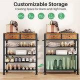 Kitstorack Shoe Rack, 4 Tier Shoe Organizer for 9-12 Pairs of Shoes, with 2 Drawers, 3 Fabric Shelves and Wooden Top, Shoe Rack for Closet Entryway, Rustic Brown Kitstorack