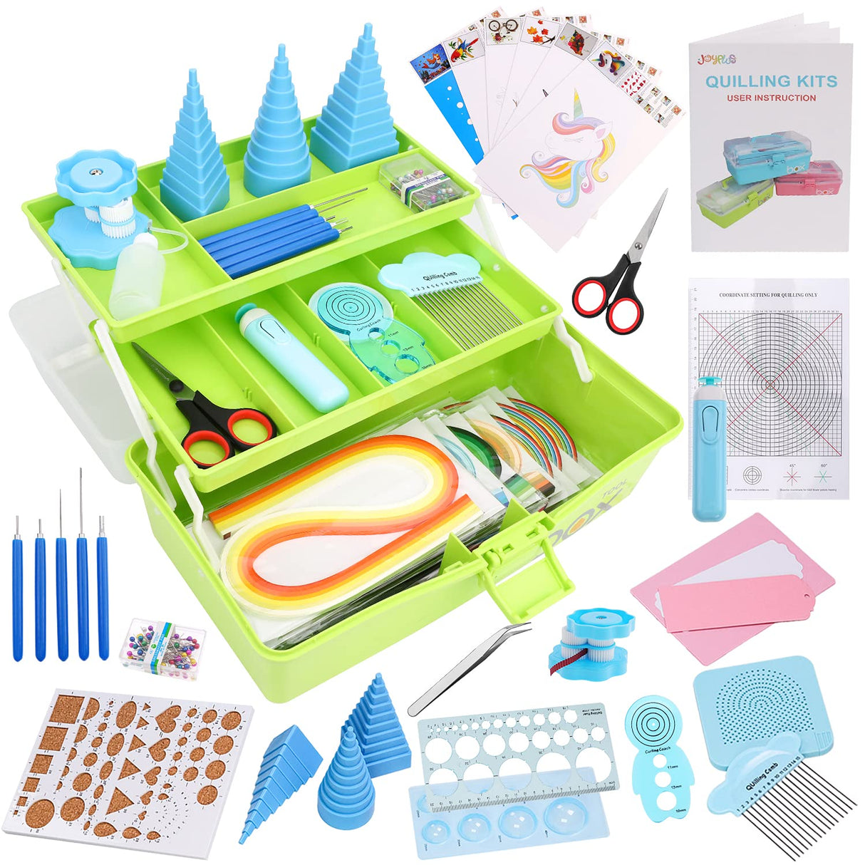 JoyPlus Quilling Kits for Beginners with Manual, 24 Tools & Supplies with Durable Storage Box, Updated Paper Crimper Tool, Premium Husking Board & Electronic Pen Green JoyPlus