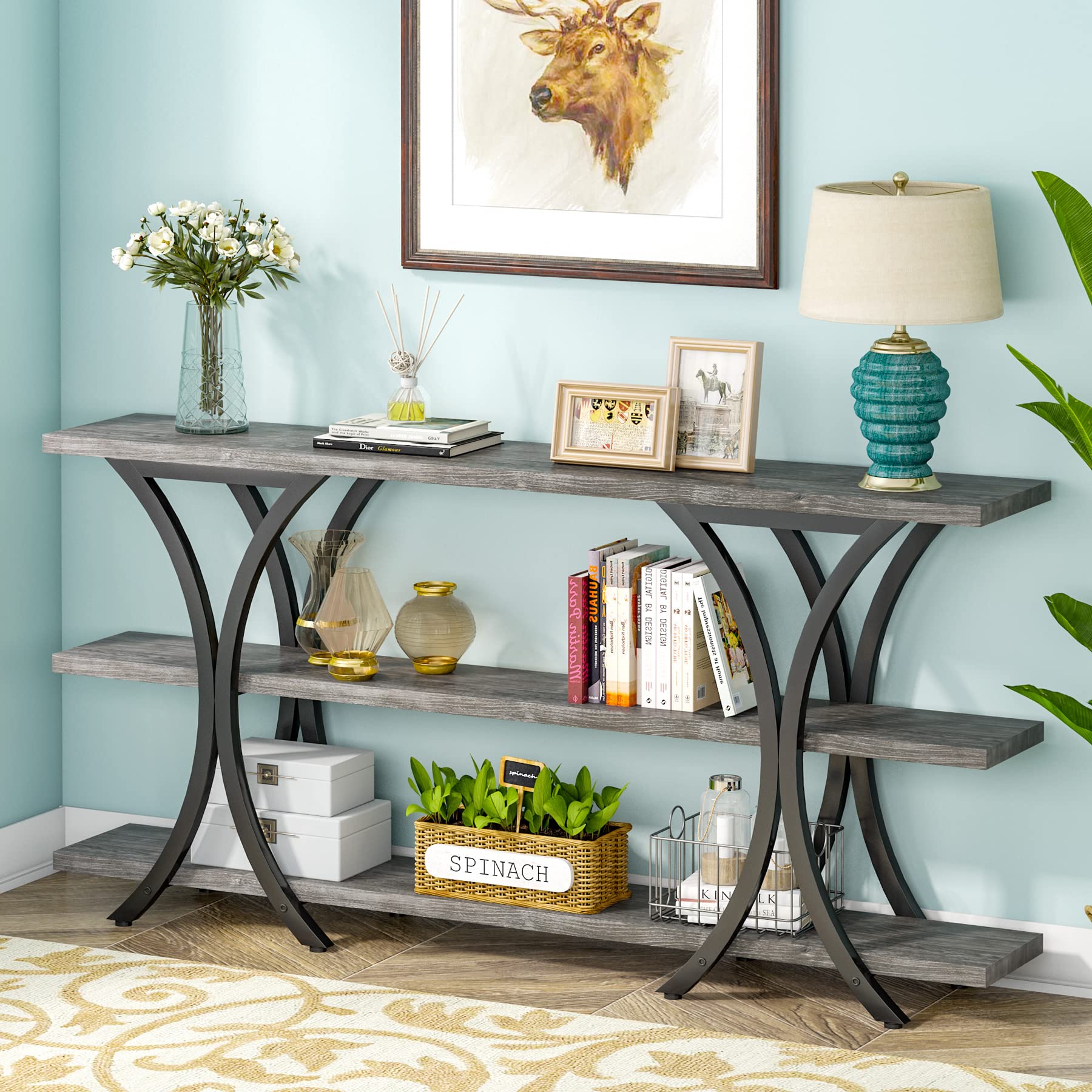 Tribesigns 70.8 Inch Narrow Console Table, Long Sofa Table Entry Table with 3 Tier Storage Shelves for Entryway Hallway Living Room (Gray) - WoodArtSupply