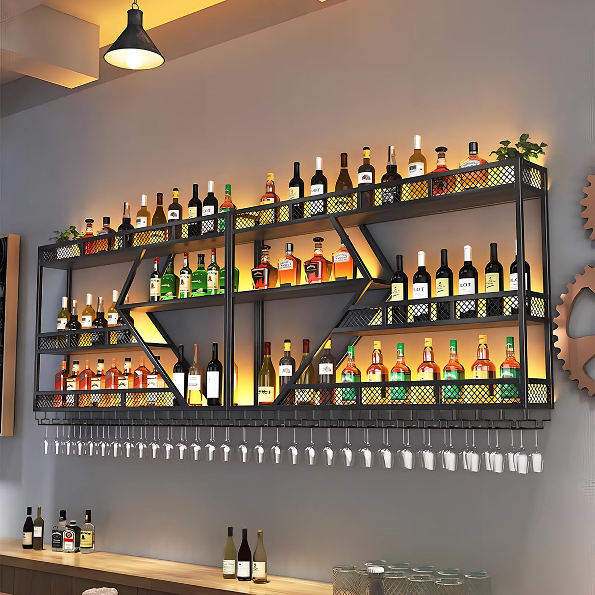 Wall Mounted Metal Wine Rack with Glass Holder, Modern Large Capacity LED Lights Liquor Bottles Display Shelves Hanging Wine Bottles Storage Organizer Rack for Home Bar Cellar (Black, 79IN) Hothingwell