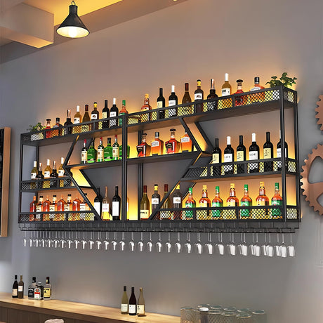 Wall Mounted Metal Wine Rack with Glass Holder, Modern Large Capacity LED Lights Liquor Bottles Display Shelves Hanging Wine Bottles Storage Organizer Rack for Home Bar Cellar (Black, 79IN) Hothingwell