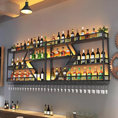 Wall Mounted Metal Wine Rack with Glass Holder, Modern Large Capacity LED Lights Liquor Bottles Display Shelves Hanging Wine Bottles Storage Organizer Rack for Home Bar Cellar (Black, 79IN)