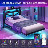 YITAHOME Twin Size Floating Bed Frame with USB Charging Station Storage Headboard and with Led Light, Heavy Duty Metal Platform Bed Frame, No Box Spring Needed, Easy Assembly and Noise Free, Black YITAHOME