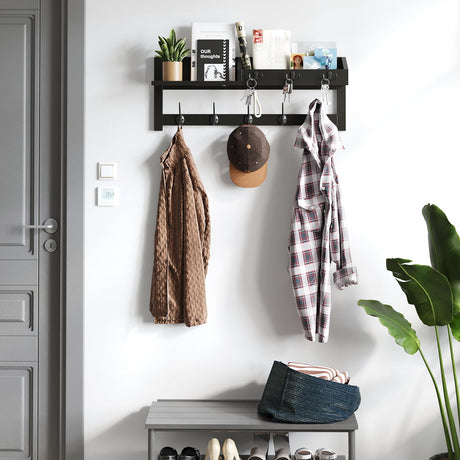 AMBIRD Wall Hooks with Shelf 26.57inch Entryway Wall Hanging Shelf Wood Coat Hooks for Wall Coat Rack Wall Mount Rack with 5 Dual Hooks 3 Key Hooks Mail Organizer and Key Rack Key Holder (Black) AMBIRD